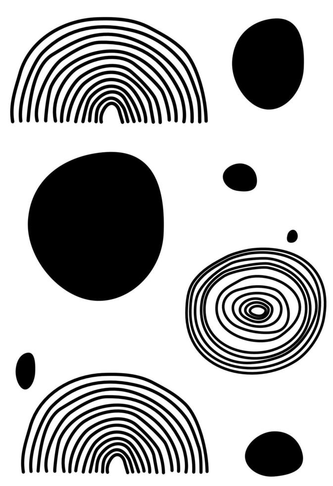 Abstract minimalist vector illustration with hand drawn scribble lines and black circles