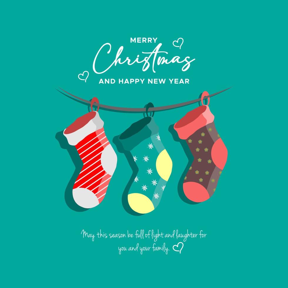 saludos tarjeta de Navidad calcetines decoración con Navidad deseos vector