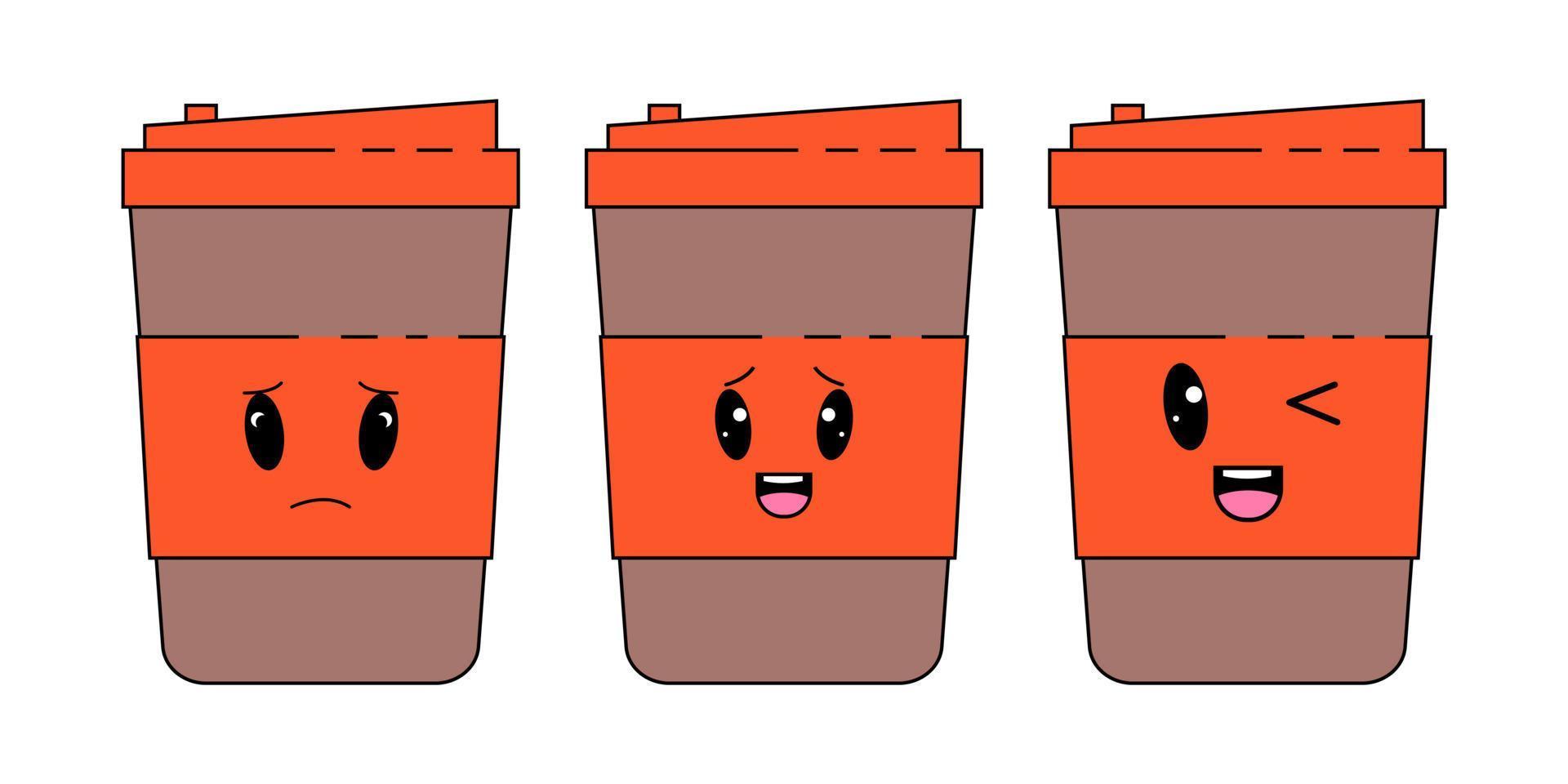 Coffee paper cup emoticons set with different faces and expressions. vector