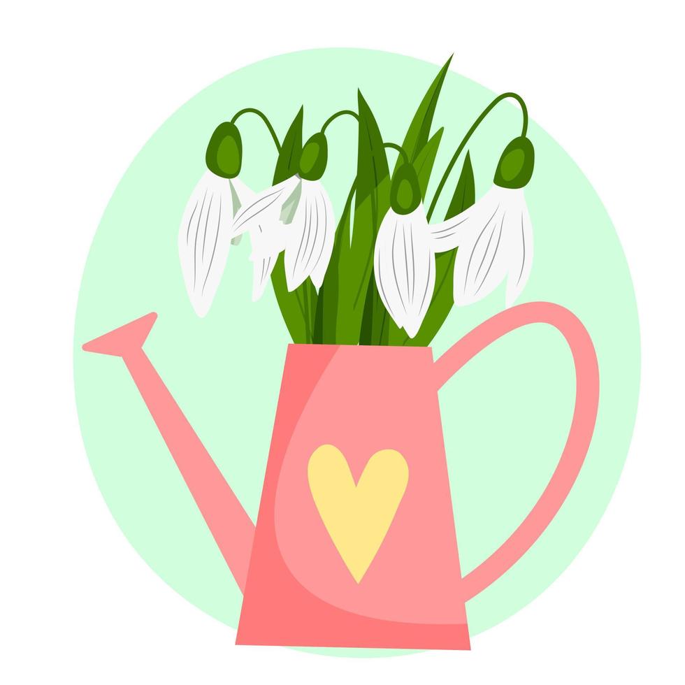 Snowdrop Day card, snowdrops in pink watering can vector