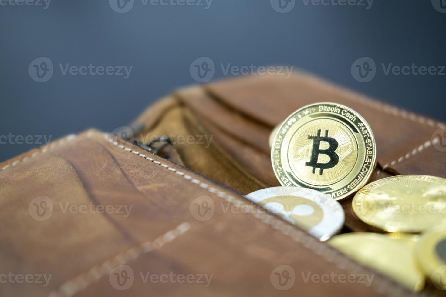 Hand holding cryptocurrency coins on wallet. Bitcoin on wood desk table background. Virtual cryptocurrency concept. digital for defi decentralized financial banking p2p exchange investment technology photo