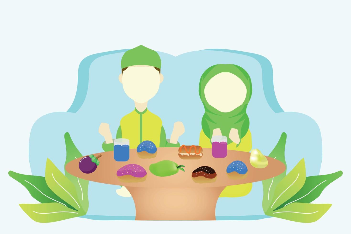 muslims character cute  eating iftar suhoor together vector