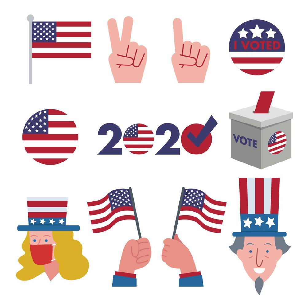 Set of graphic elements and illustration for the 2020 American presidential election. Consist of hand holding American flag, hand showing number 1 and 2, people usinv mask, ballot box, etc. vector
