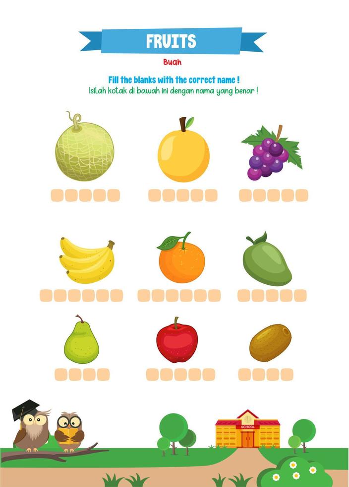 Fill the blanks with names of fruits for kids vector