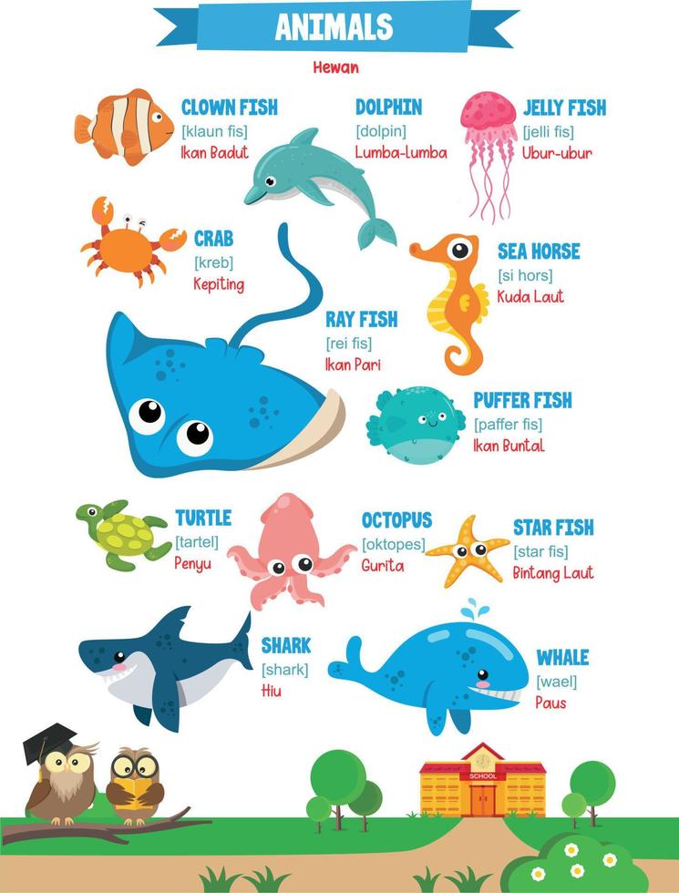 Learning names of animals in english for kids with cute pictures vector