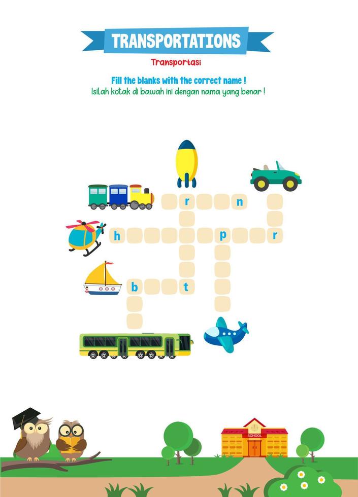 Learning english names of tranportations for kids with cute pictures vector
