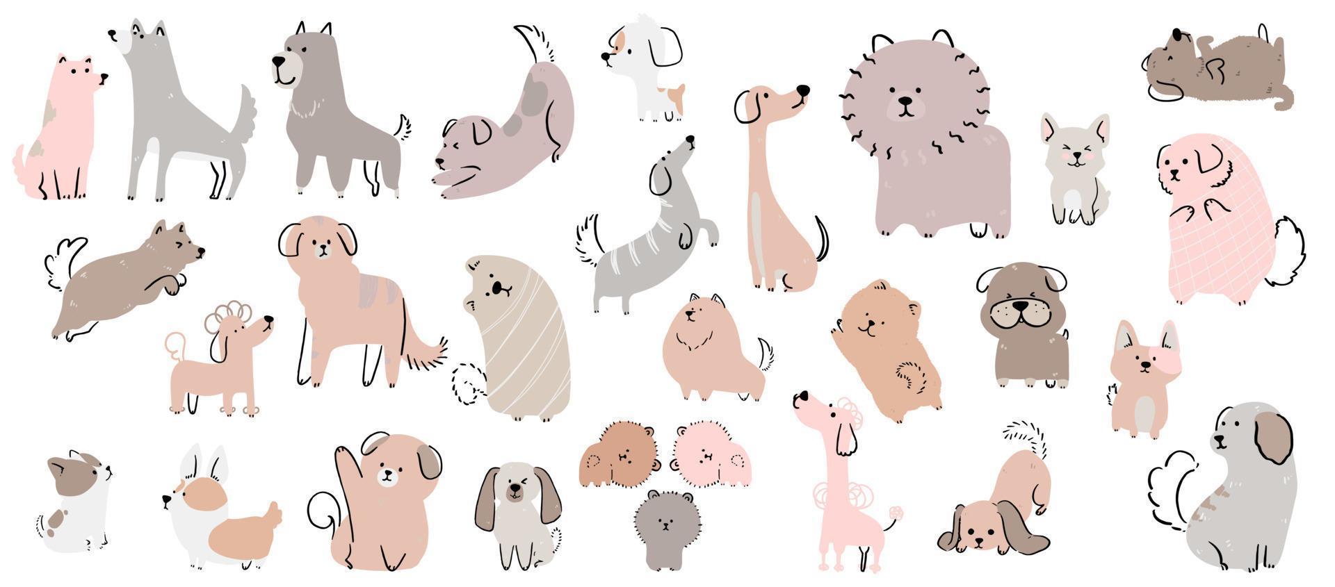 Cute dogs vector set. Cartoon dog or puppy characters design collection with flat color in different poses. Set of funny pet animals isolated on white background.