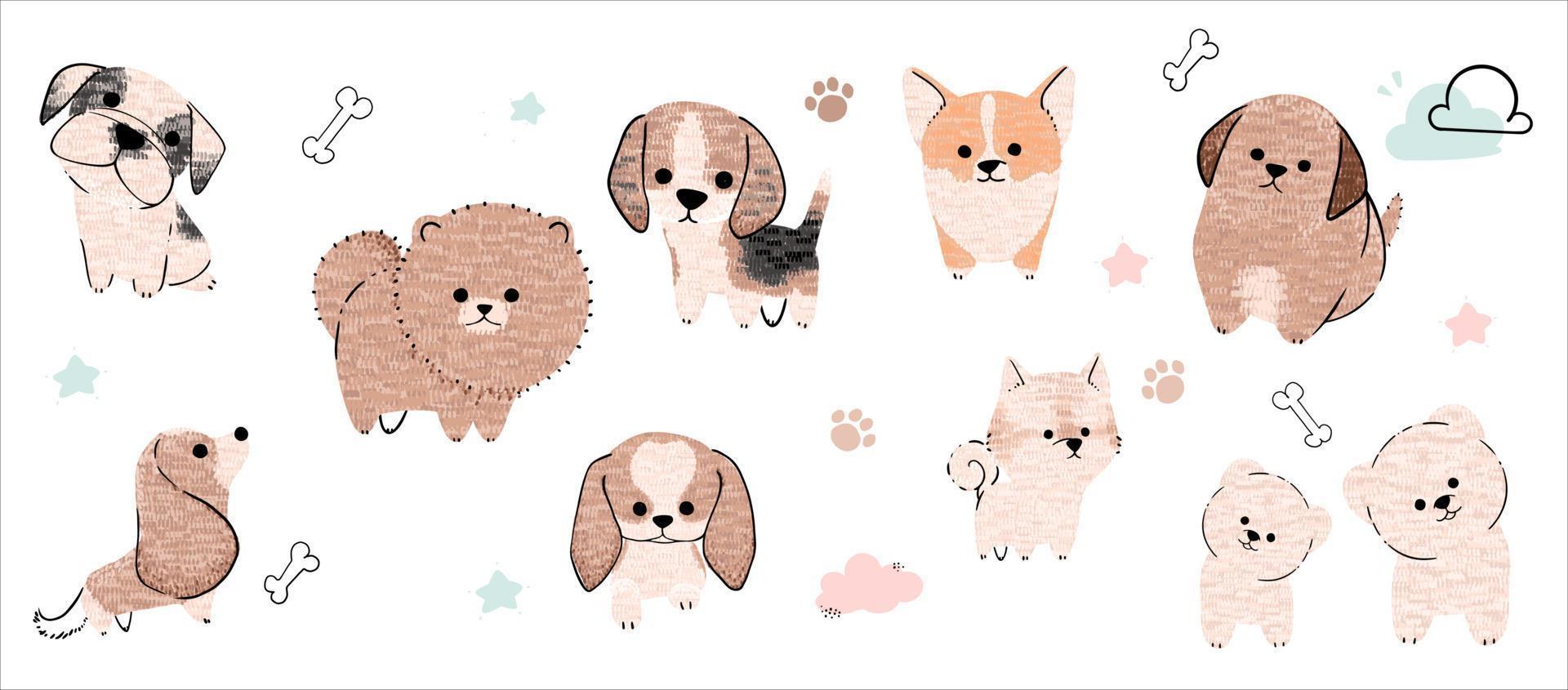 Cute dogs vector set. Cartoon dog or puppy characters design collection with flat color in different poses. Set of funny pet animals isolated on white background.