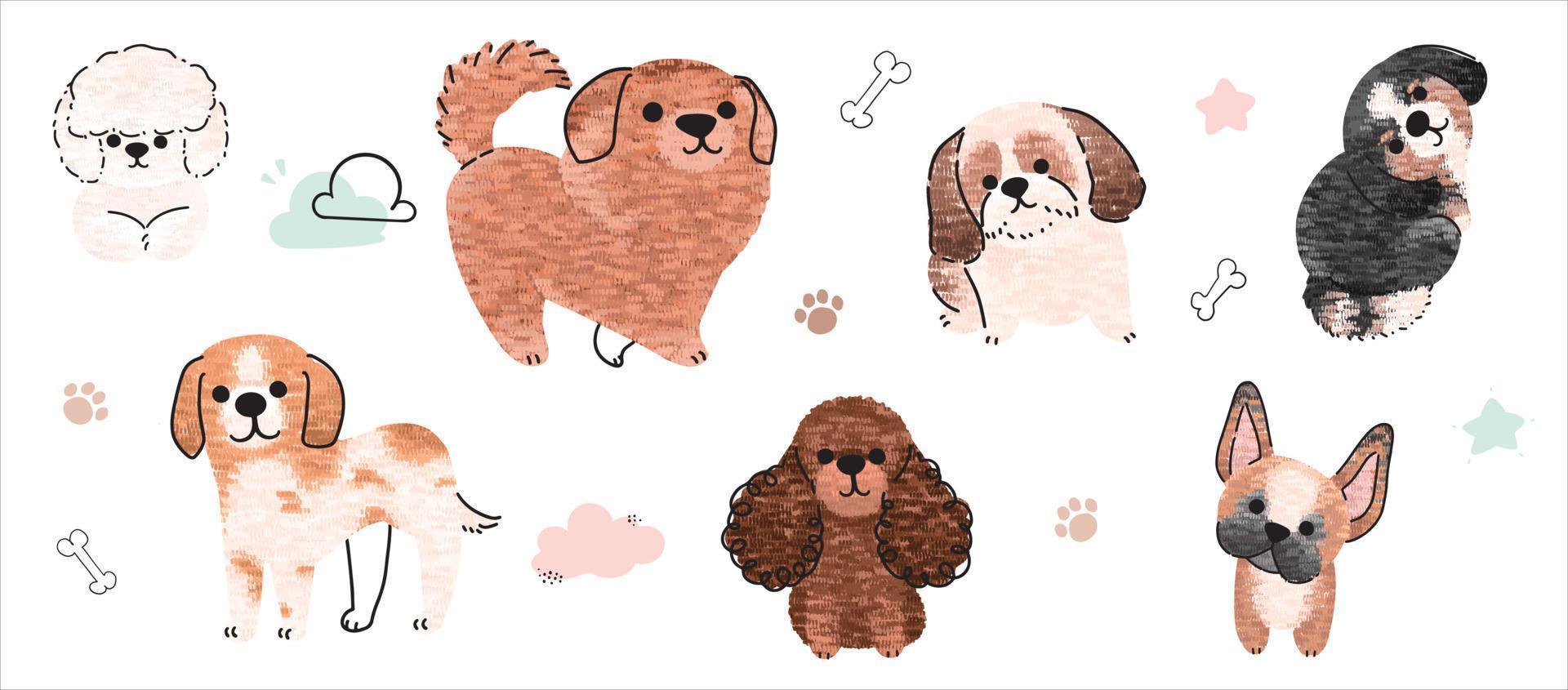 Cute dogs vector set. Cartoon dog or puppy characters design collection with flat color in different poses. Set of funny pet animals isolated on white background.