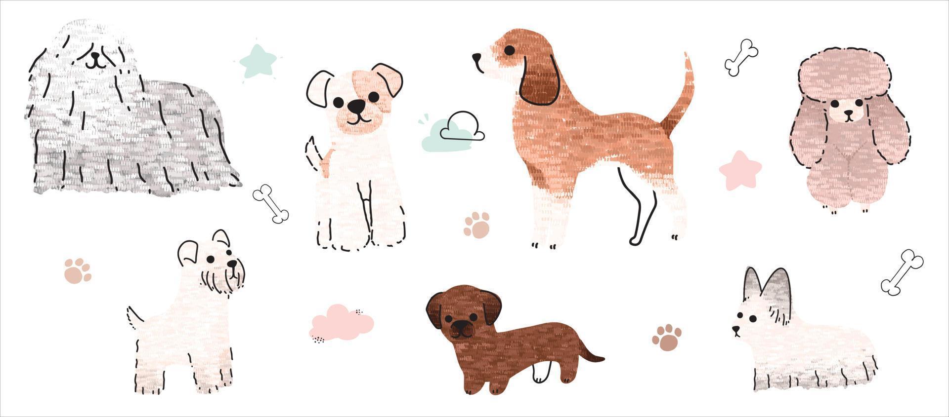 linda perros vector colocar. dibujos animados perro o perrito caracteres diseño colección con plano color en diferente posa conjunto de gracioso mascota animales aislado en blanco antecedentes.