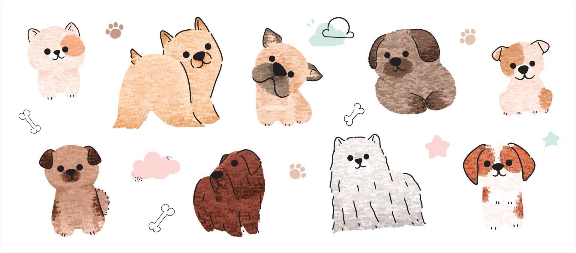 linda perros vector colocar. dibujos animados perro o perrito caracteres diseño colección con plano color en diferente posa conjunto de gracioso mascota animales aislado en blanco antecedentes.