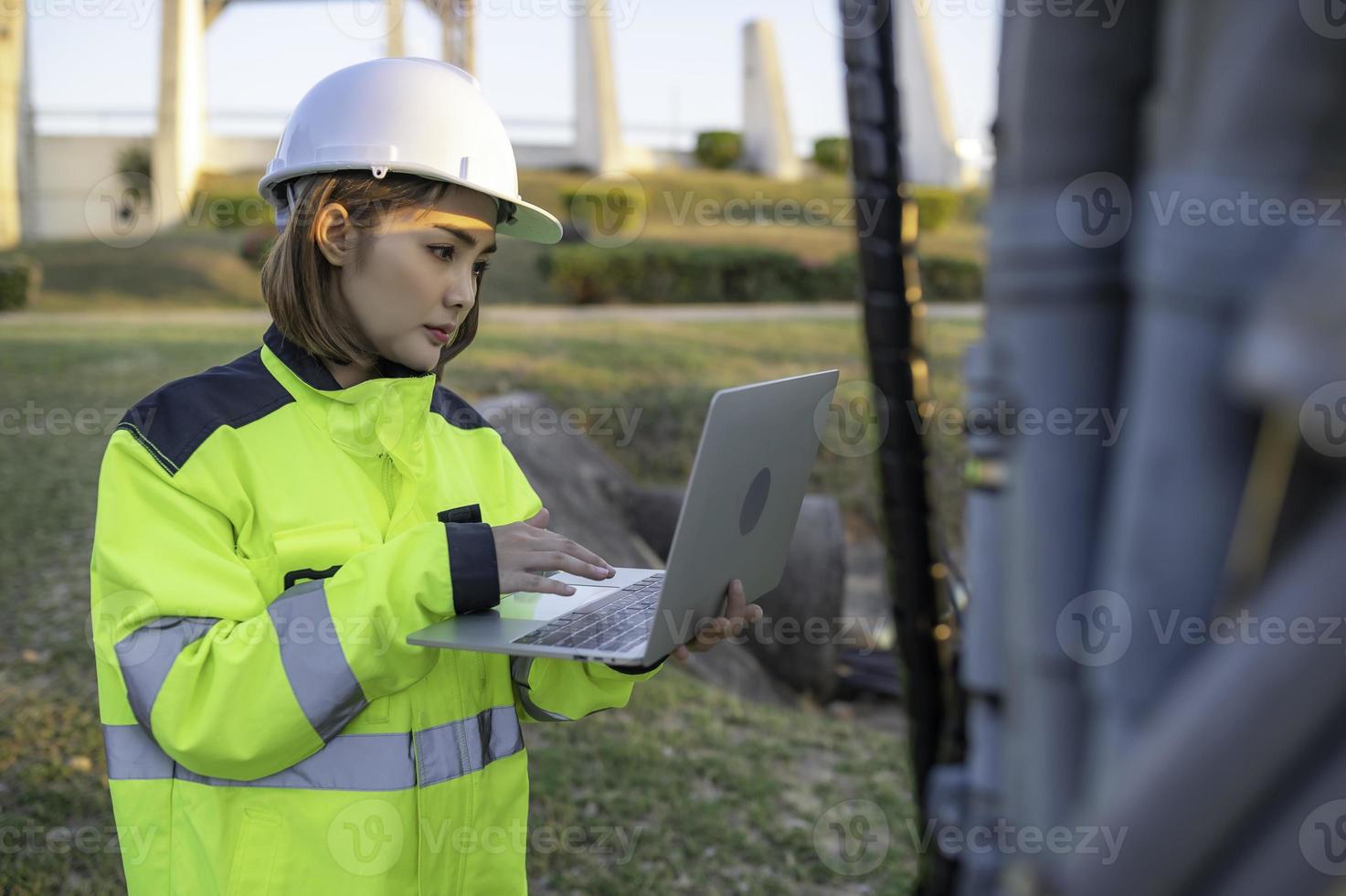 Telecommunication engineers work at cell towers for 5G cell phone signals,Network tower maintenance technicians photo