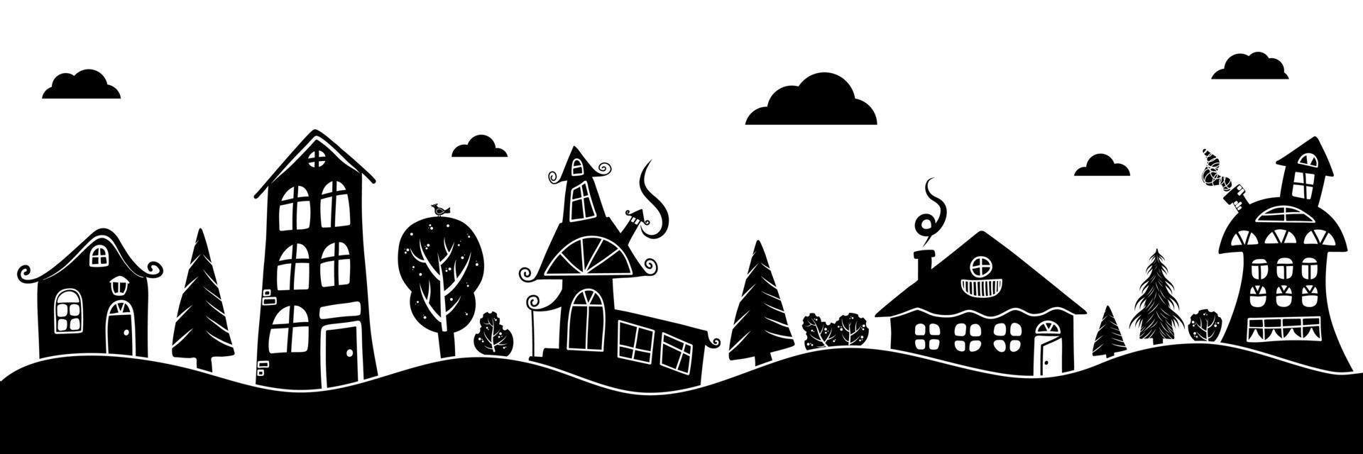 pequeño dibujos animados pueblo silueta separar nubes con casas arboles negro y blanco. vector ilustración con hada pueblo silueta.