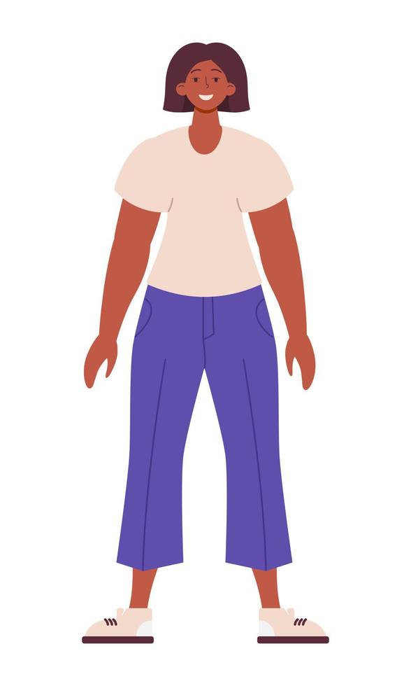 contento mujer estar lleno cuerpo. retrato de un hermosa niña en un beige camiseta y púrpura pantalones quien acepta sí misma y ama su cuerpo. cuerpo positivo y feminismo concepto. Listo para animación. vector