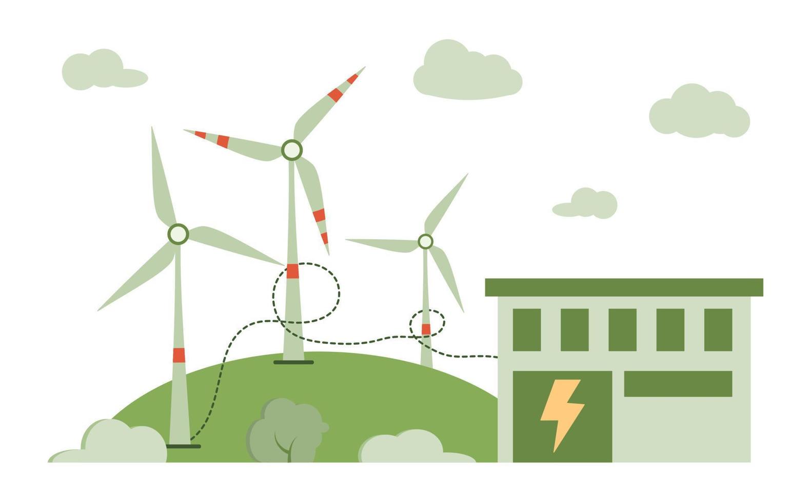 Wind power plant and factory. Wind turbines. Green energy industrial concept. Vector illustration in flat style of clean electric energy from renewable wind sources.