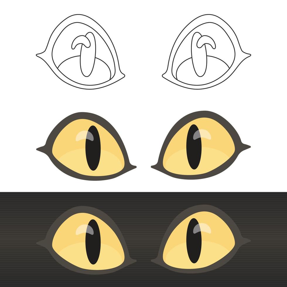 Cartoon vector yellow eyes of cat, snake, crocodile, lizard or gecko. Glow eyes on black and white background and sketch for coloring, isolated.