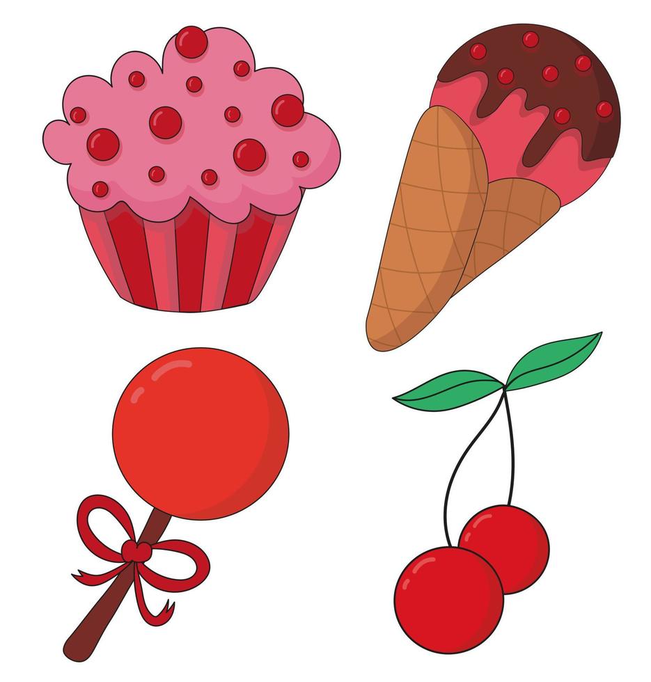 Collection desserts. Pink cupcake with sprinkles. Cherry on a branch, leaves. Ice cream in cone with chocolate. Red lollipop with ribbon. vector