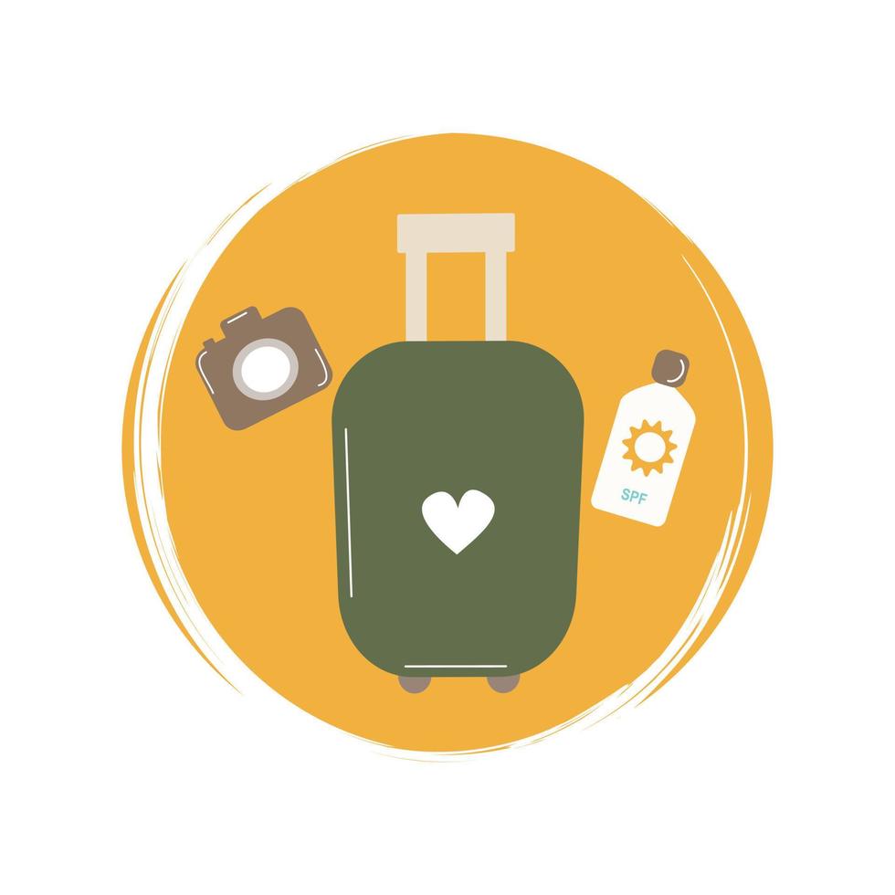 Cute logo or icon vector with travel suitcase on wheels with telescopic handle, camera and sunscreen on circle with brush texture, for social media story and highlights