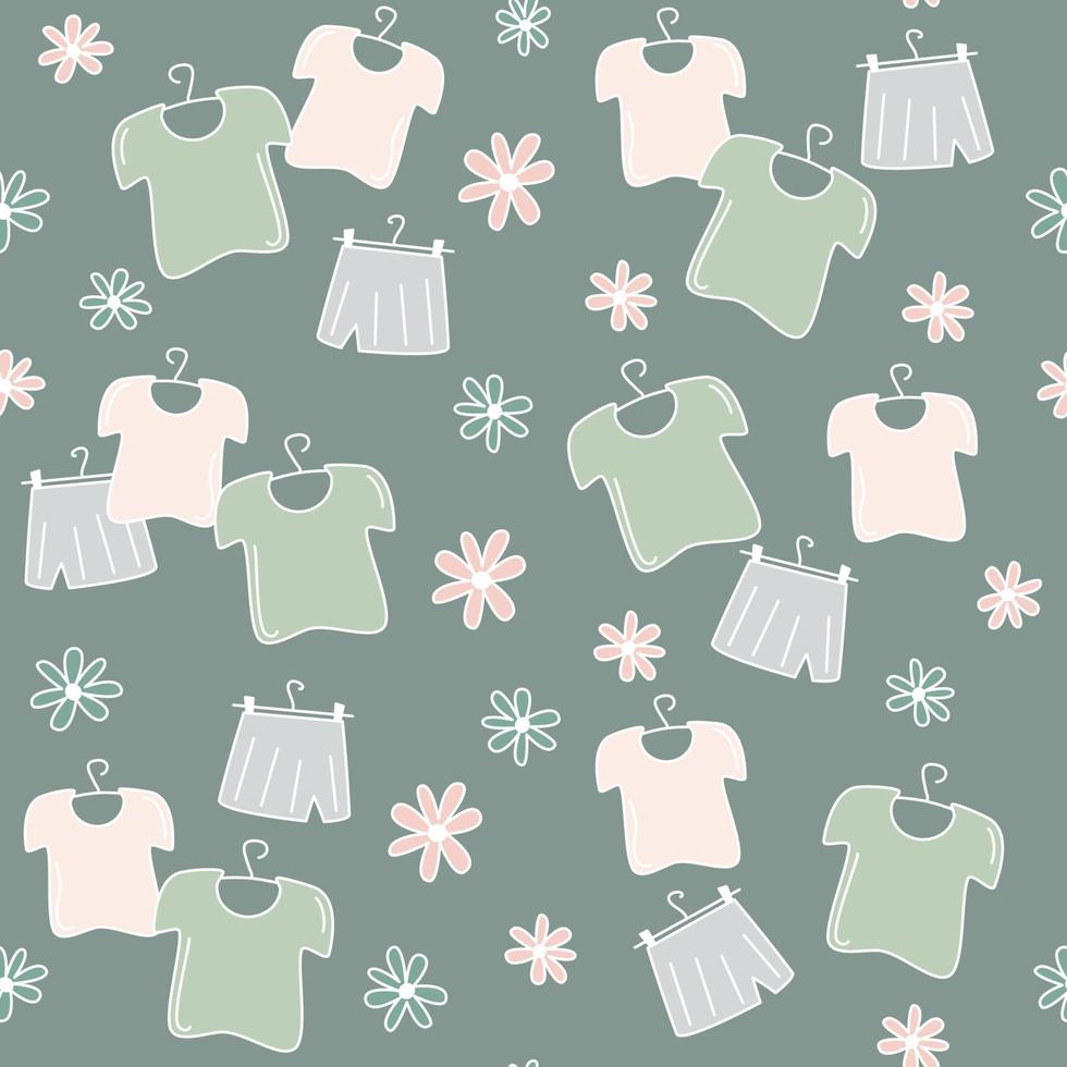 Cute lovely seamless vector pattern background illustration with clothes and daisy flowers