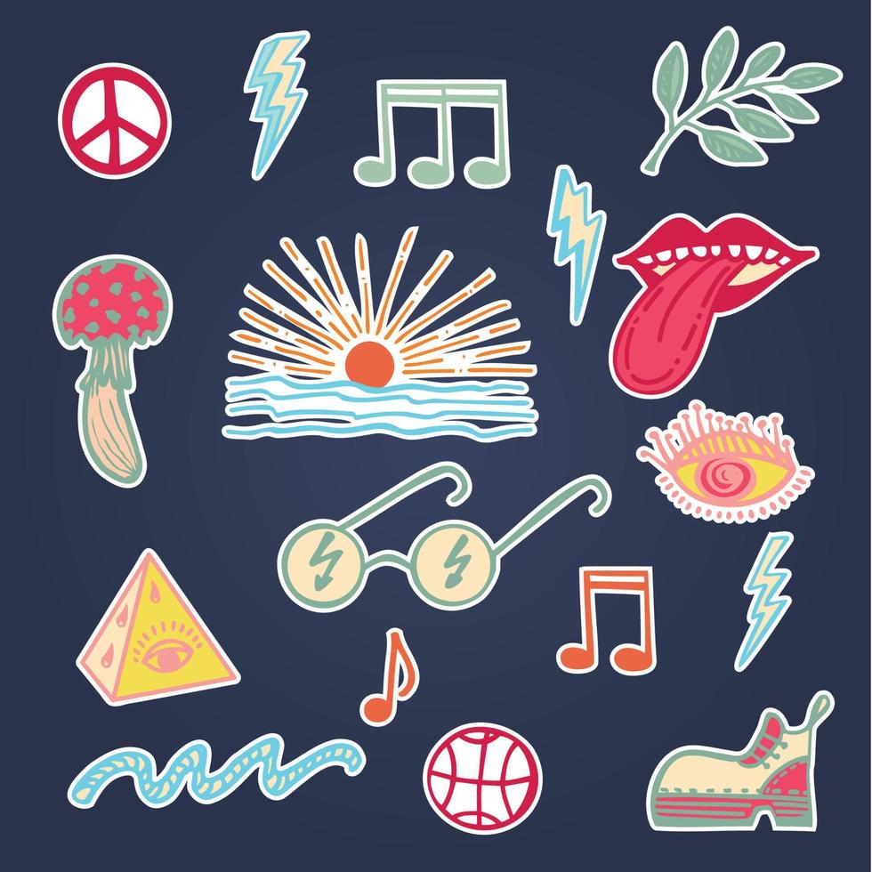 Collection of groove psychedelic elements. Retro design of hipster icons Doodle style graphic. Vintage trippy cartoon Color stickers on isolated background. 60s 70s 80s 90s trendy vector illustration