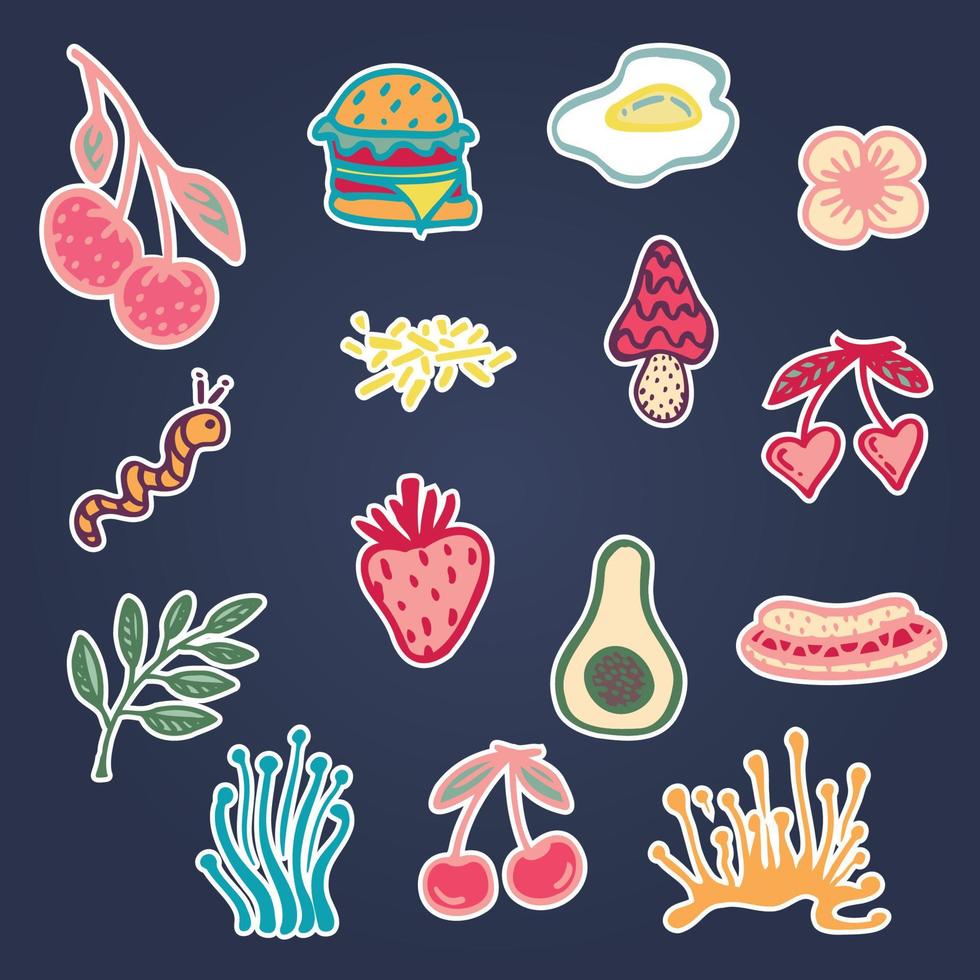 Collection stickers of groove psychedelic food elements. Retro design of icons Doodle style graphic Vintage trippy cartoon 60 70 80 90 trend vector illustration Color symbols on chalkboard background