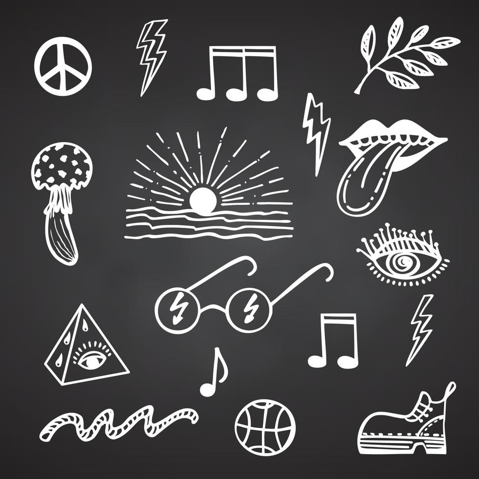 Collection of groove psychedelic elements. Retro design of hipster icons Doodle style graphic. Vintage trippy White symbols on chalkboard background 60s 70s 80s 90s trendy vector illustration