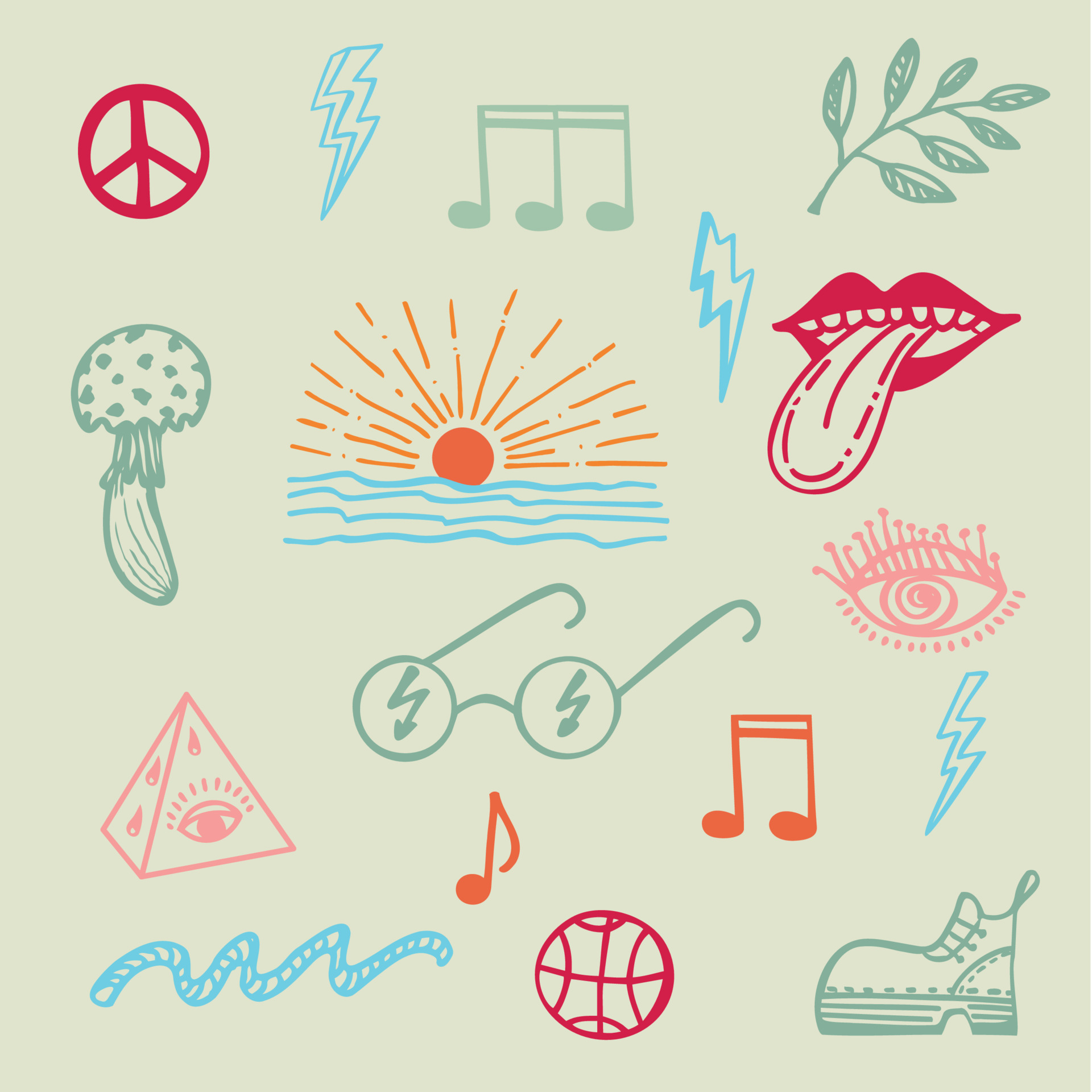 Collection of groove psychedelic elements. Retro design of hipster ...