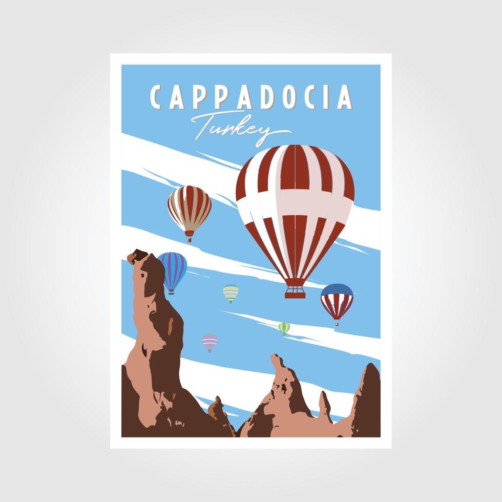 Cappadocia hot air balloon flight poster. Travel to Turkey. Retro poster, vintage banner. vector