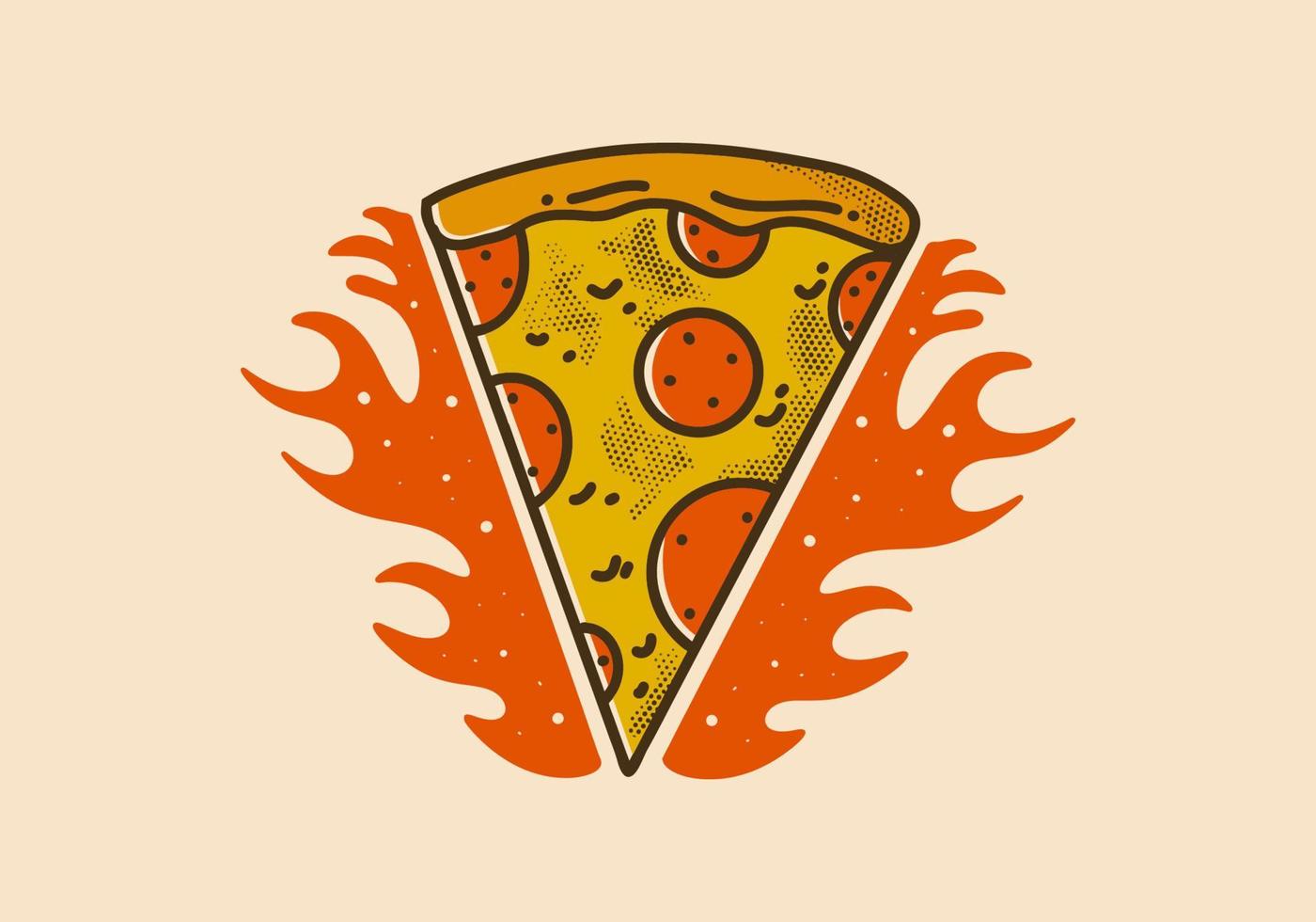 Vintage art illustration of pizza slice with fire flames vector