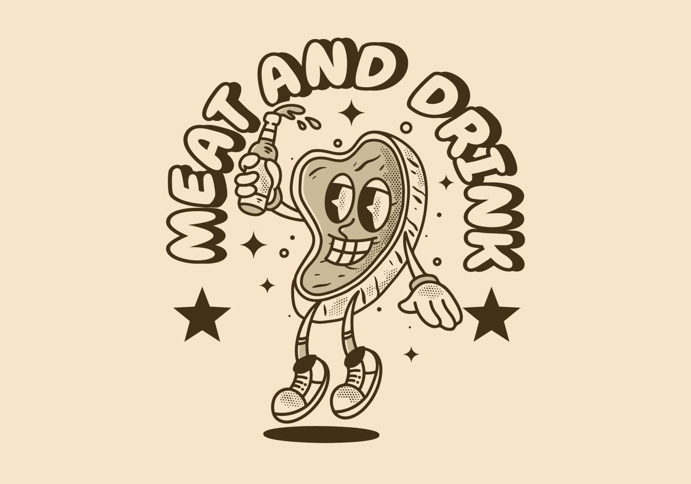 Mascot character of meat holding a beer bottle with happy face vector