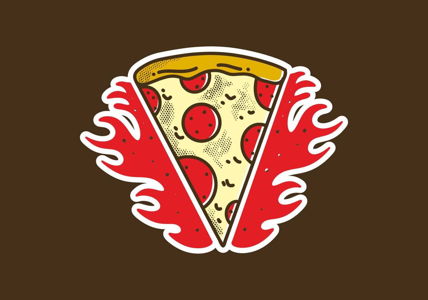 Vintage art illustration sticker of pizza slice with fire flames vector