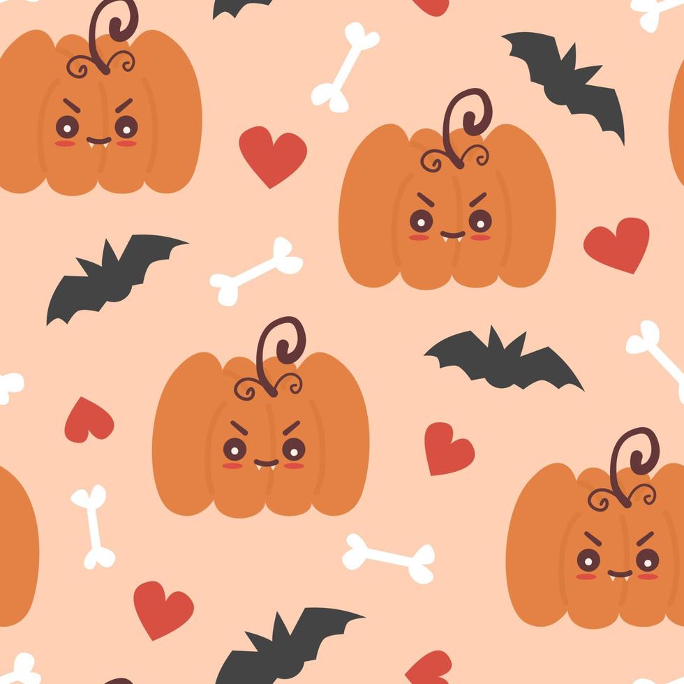 cute lovely autumn season seamless vector pattern background illustration with cartoon character orange baby pumpkins, bats, bones and red hearts