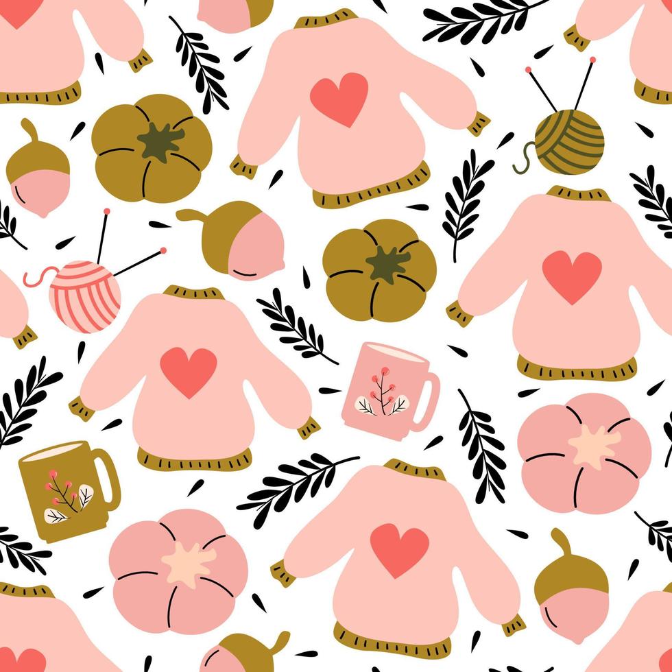 cute autumn season seamless vector pattern background illustration with cozy fall elements