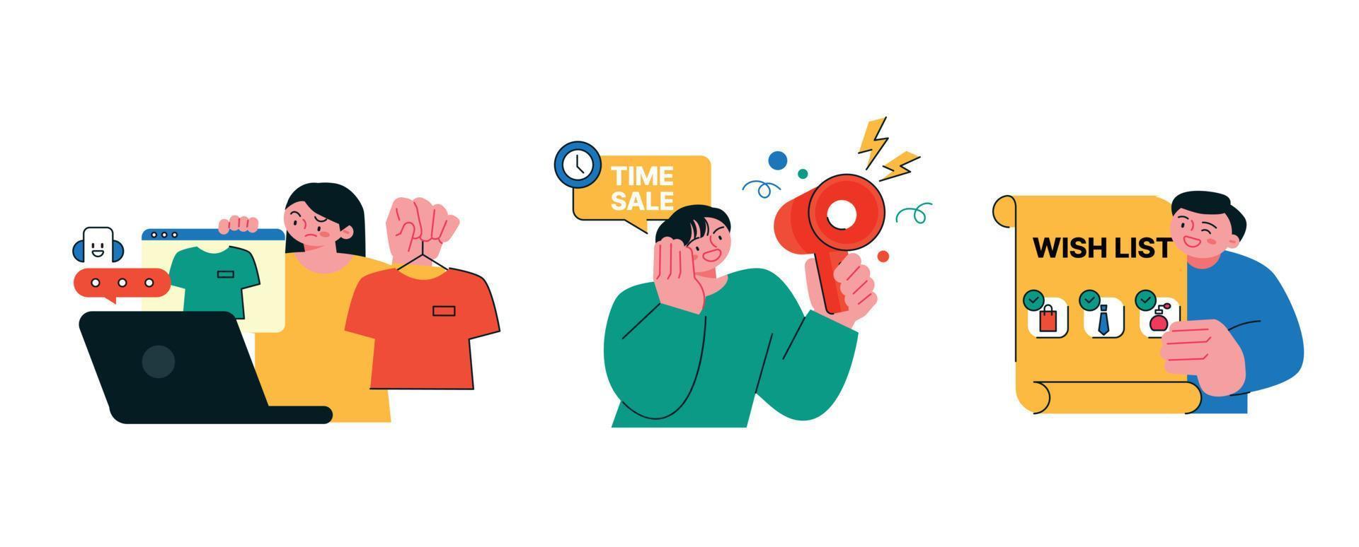 people are shopping. Online e-commerce. People choosing items with computers, announcing events with loudspeakers, and making wish lists. vector