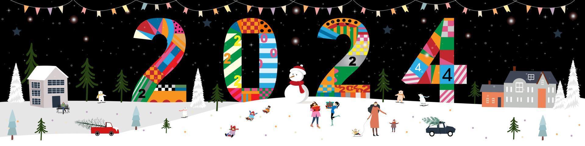 2024 en invierno paisaje en el pueblo con contento personas celebracion en ciudad parque, feliz navidad, nuevo año tarjeta, volantes, carteles, pancartas y calendario fondo año de continuar vector