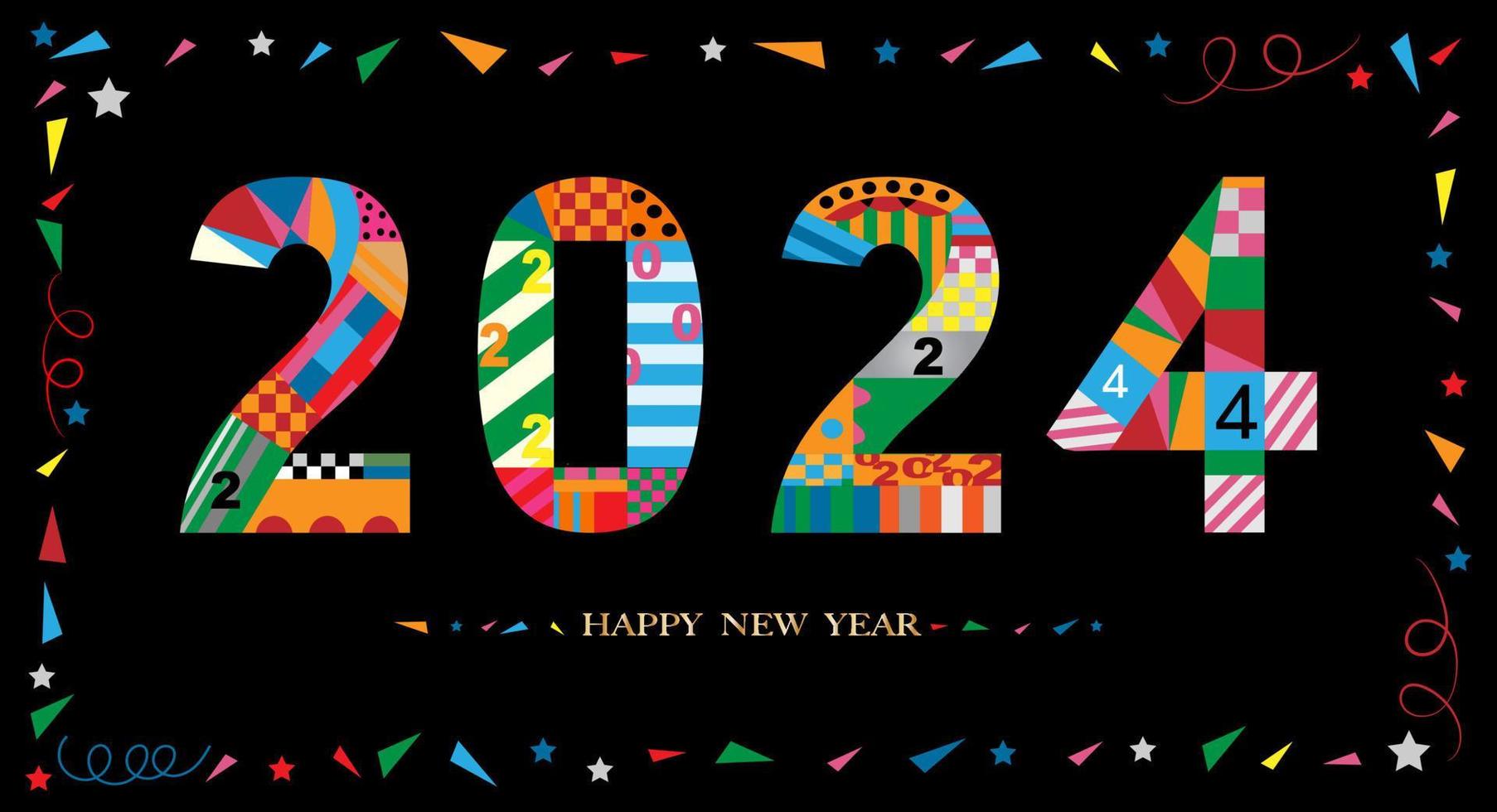 2024 Typography text font in colourful of geometric style on black background, Creative deco design for Greeting Lettering.New year 2024 Year of the Dragon for flyers, posters, banners and calendar, vector