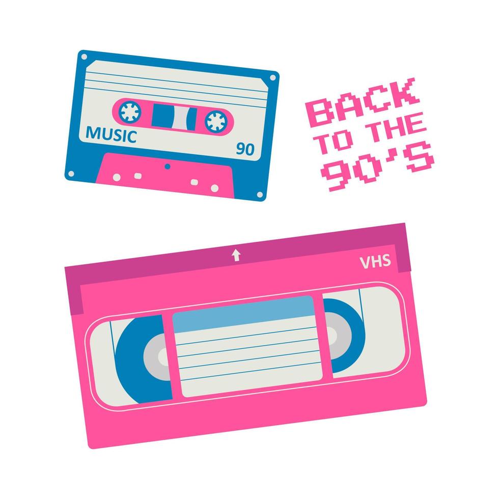 Retro audio and video cassettes, back to the 90s phrase. Cartoon vector illustration.
