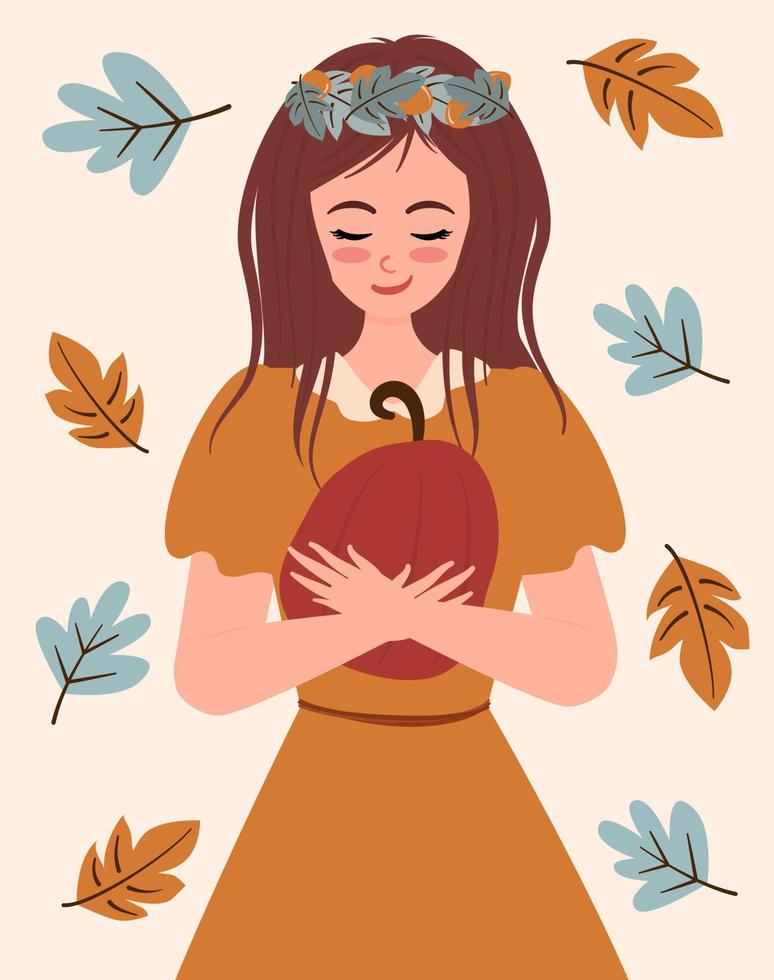 linda dibujos animados personaje niña con hojas corona y calabaza otoño otoño vector antecedentes ilustración