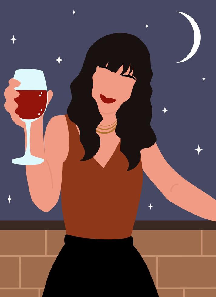beautiful abstract boho female portrait with glass of wine modern trendy vector poster illustration with hand drawn starry night background
