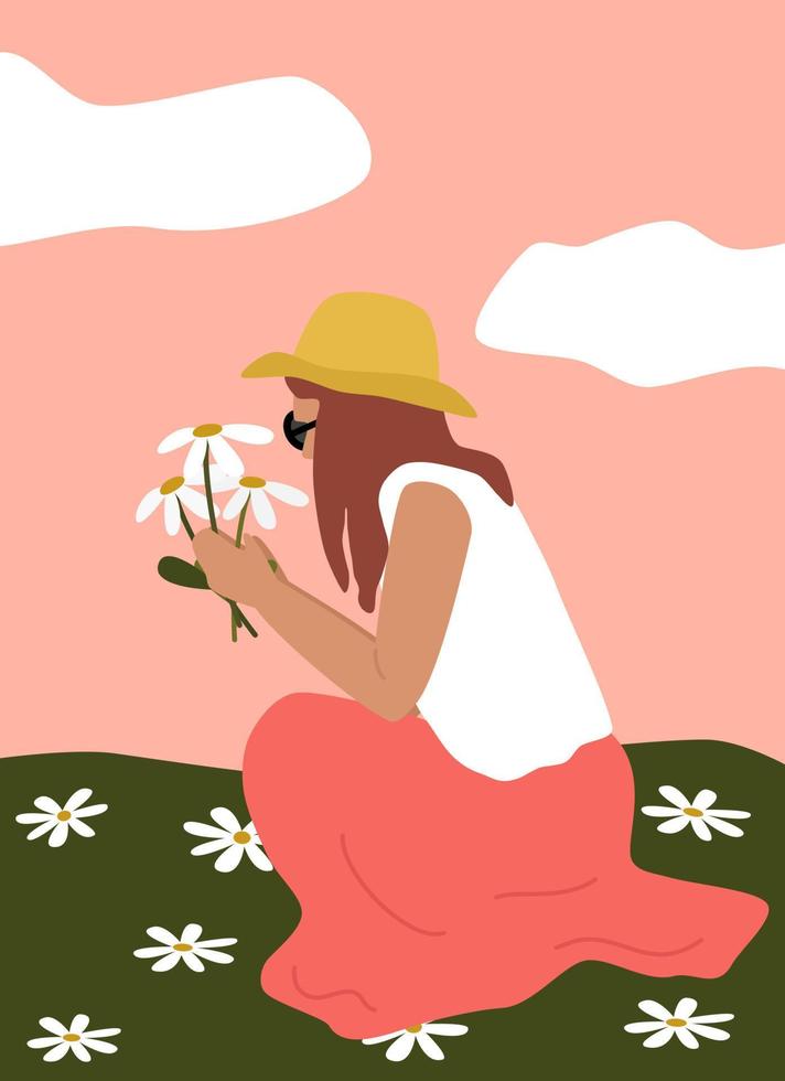 beautiful abstract boho female in the field with daisy flowers modern trendy vector poster illustration