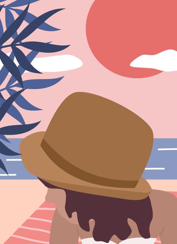 beautiful abstract boho female at the beach modern trendy vector poster illustration