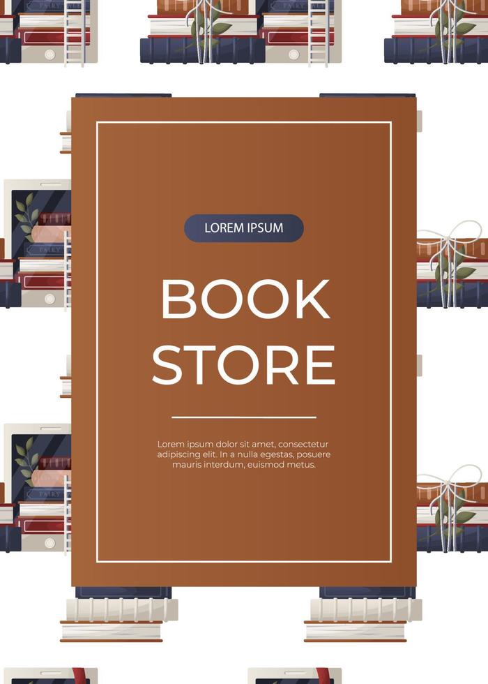 Promo flyer with pattern of electronic ebook reader, stack of books, bow, plant. Bookstore, bookshop, library, book lover, bibliophile, education. A4  for poster, banner, cover vector
