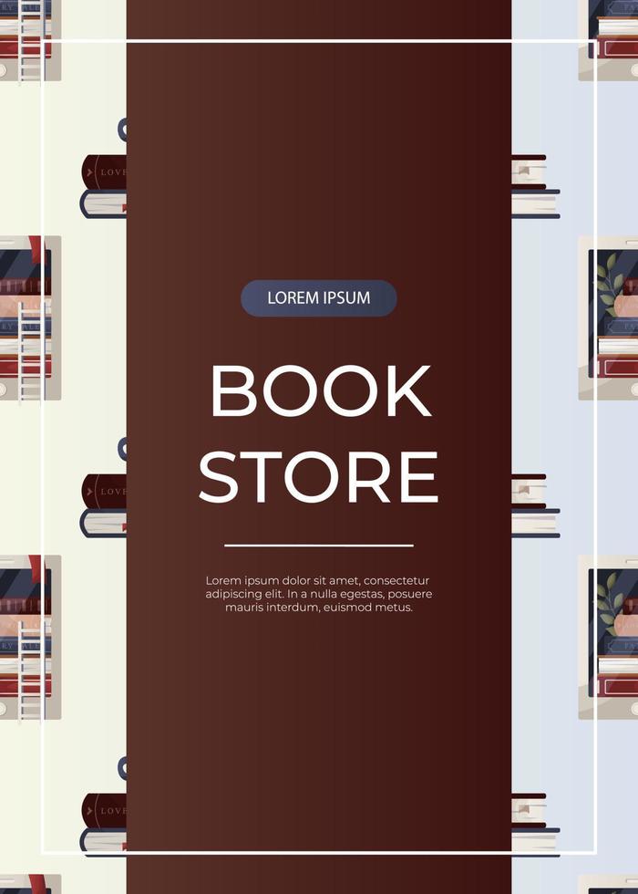 Promo flyer with electronic ebook reader, stack of books, cup of tea. Bookstore, bookshop, library, book lover, bibliophile, education. A4 for poster, banner, flyer, cover vector