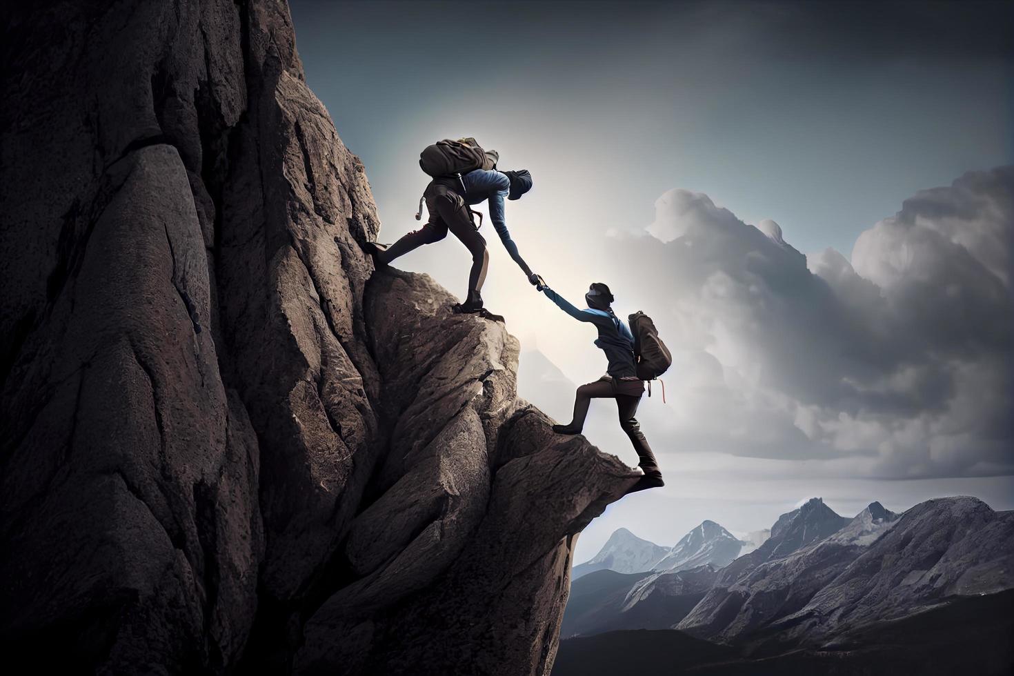 Team work, life goals and self improvement concept. Man helping his female climbing partner up a steep edge of a mountain photo