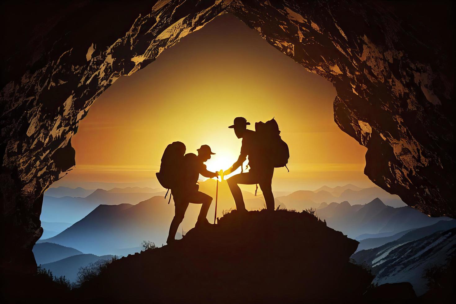 Team work, life goals and self improvement concept. Man helping his female climbing partner up a steep edge of a mountain photo