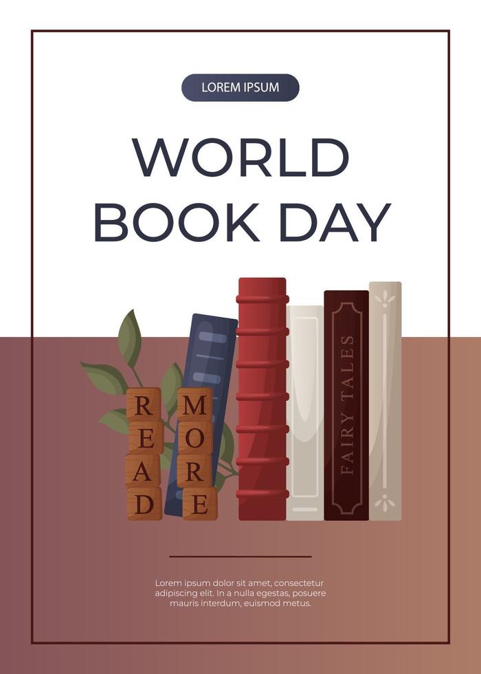 Promo flyer with reading stack of books, wooden letter tiles. School books pile. Bookstore, bookshop, library, book lover, bibliophile, education. A4 for poster, banner, cover vector