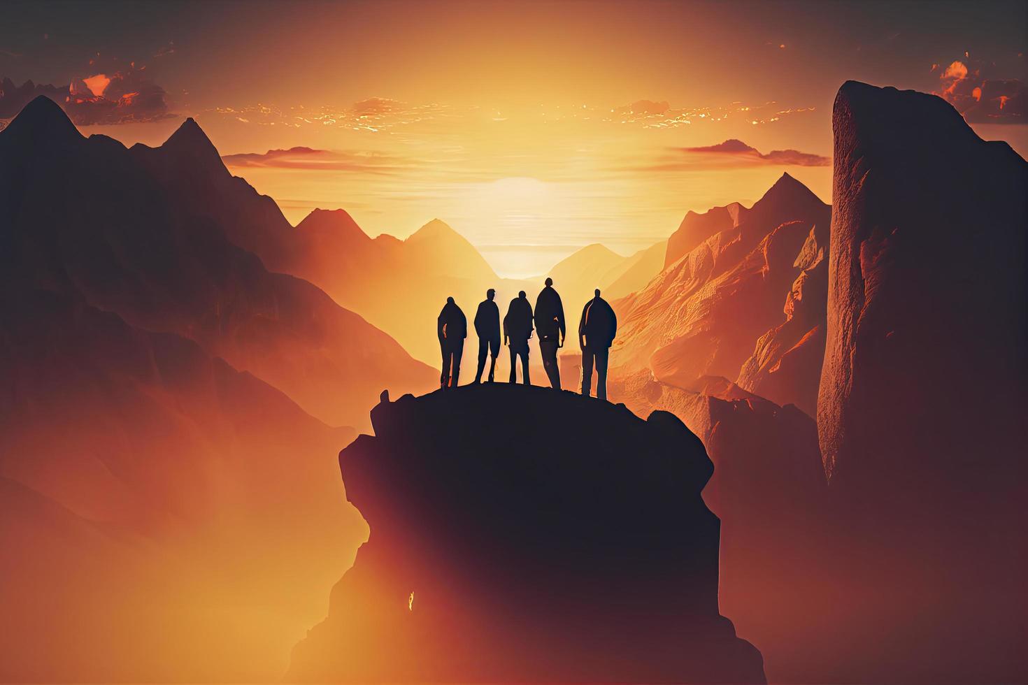 Team success concept photo, friends standing together on the top of the hill, over beautiful mountains landscape in gold sunset light photo