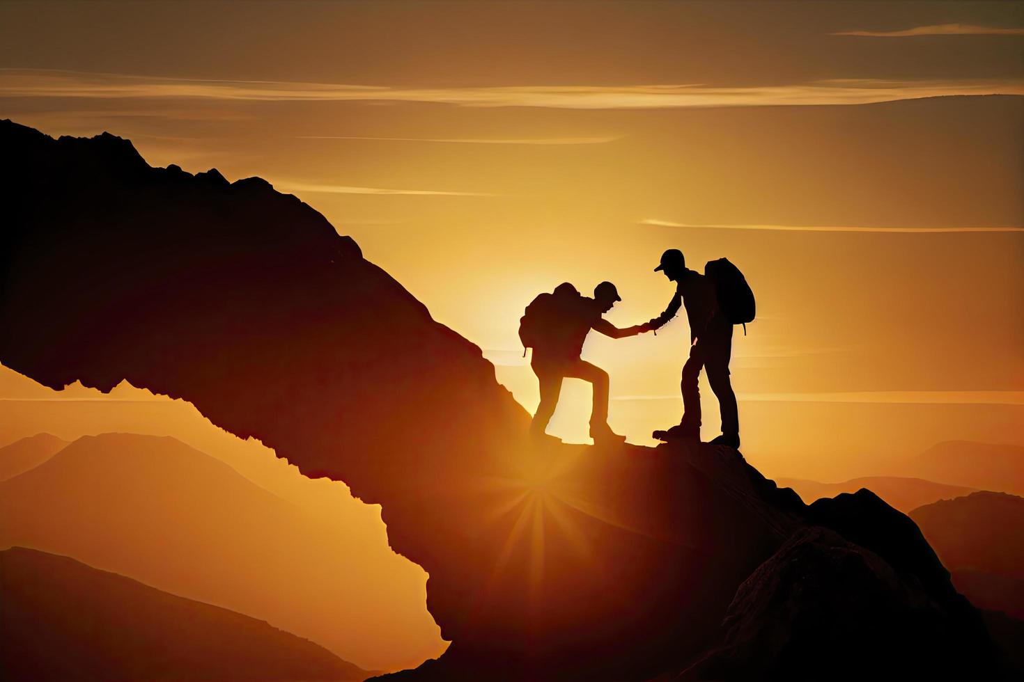 Team work, life goals and self improvement concept. Man helping his female climbing partner up a steep edge of a mountain photo