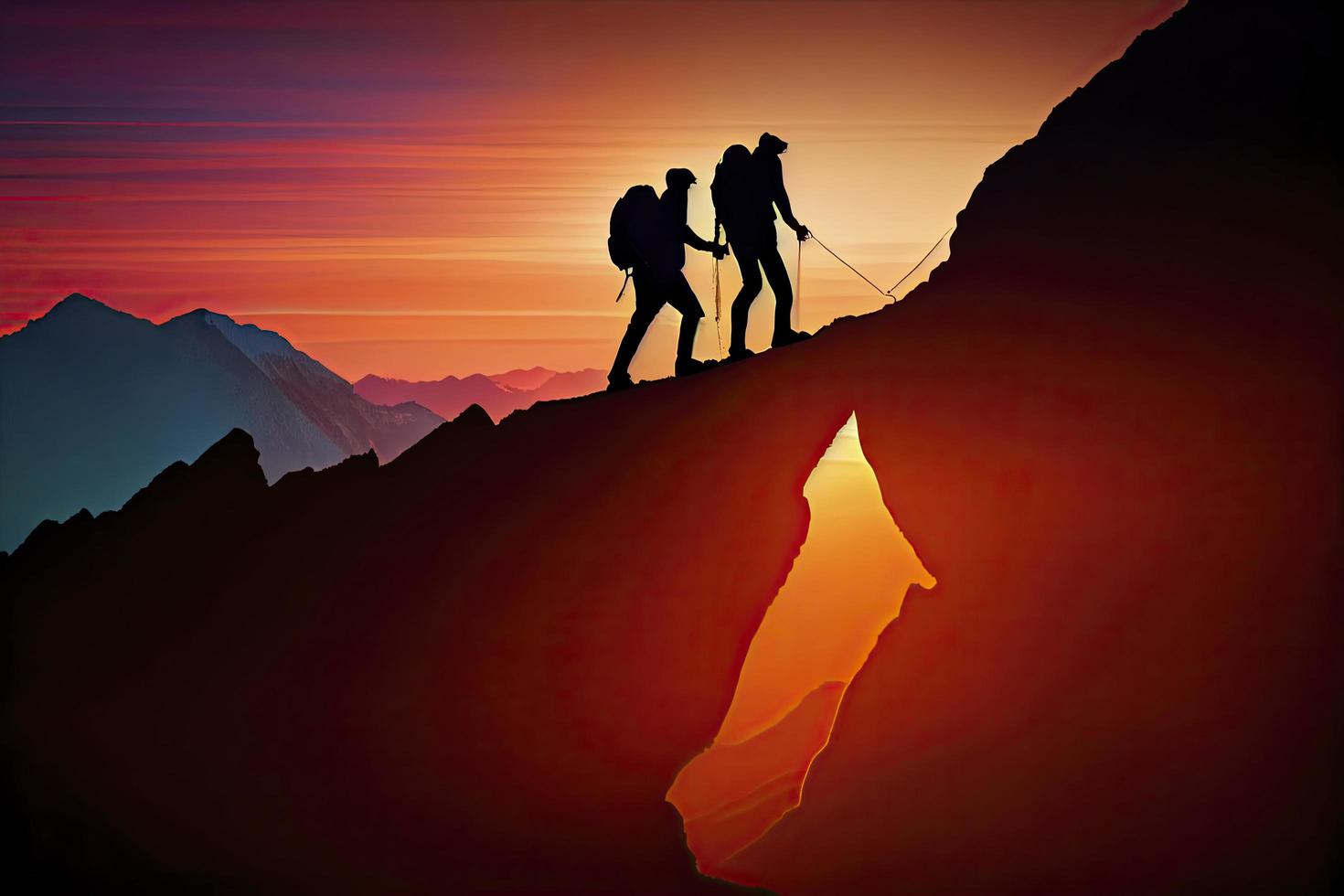 Team work, life goals and self improvement concept. Man helping his female climbing partner up a steep edge of a mountain photo