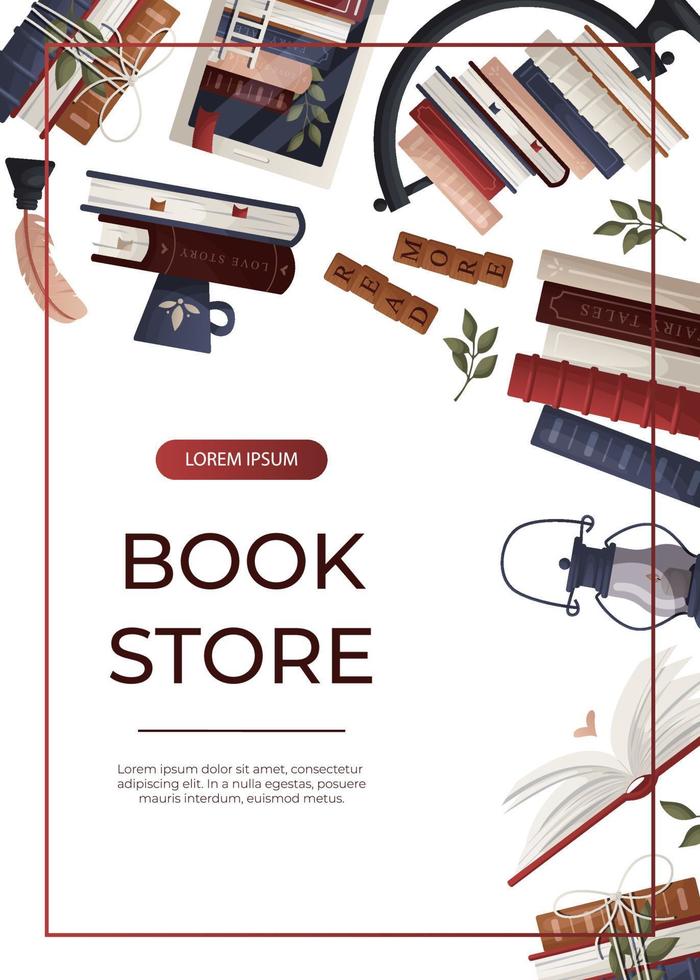 Promo flyer with stack of books, globe, inkwell quill, plant, lantern, ebook. Book heap. World book day. Bookstore, bookshop, library, book lover, bibliophile, education. A4  for poster, banner vector